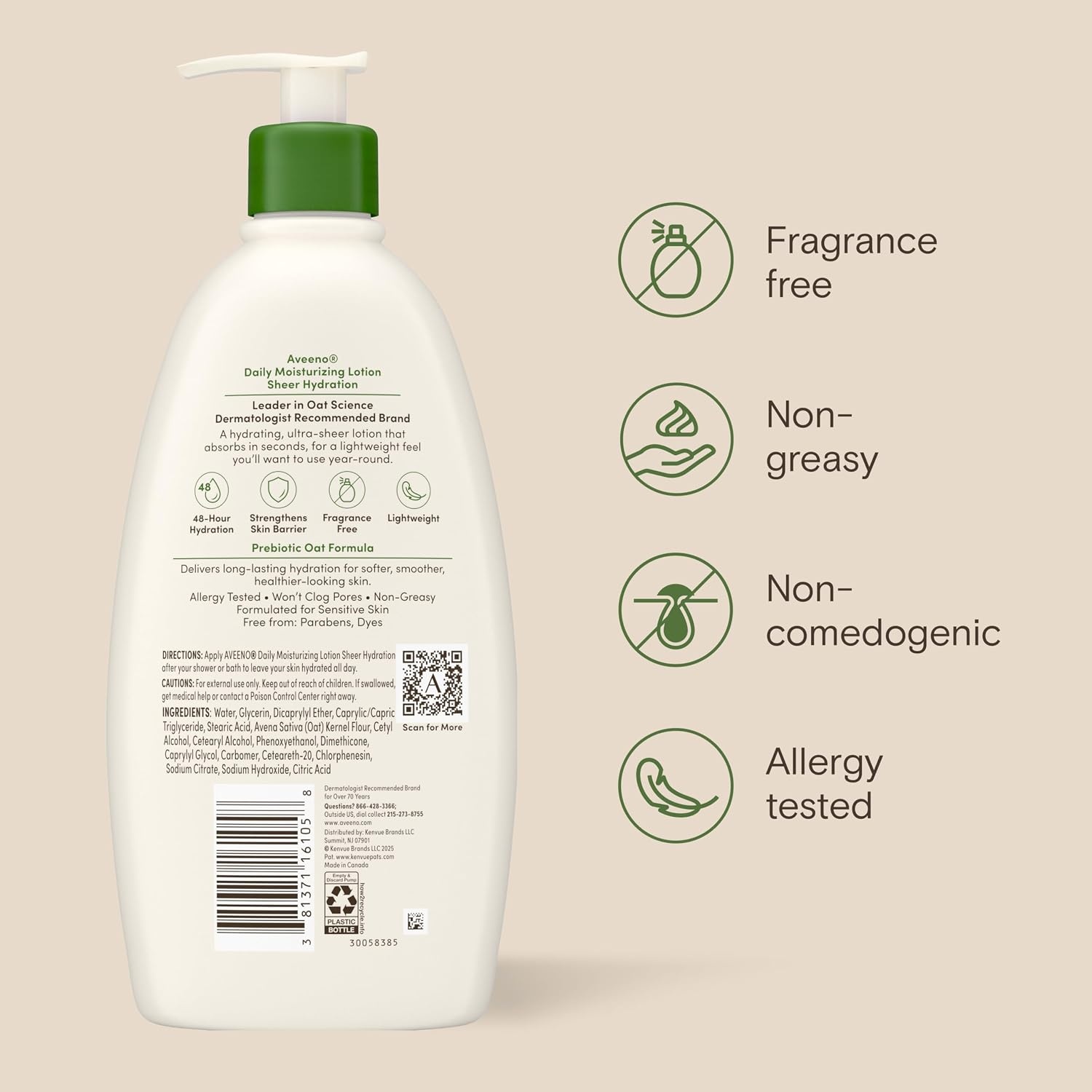 image:imageAveeno Daily Moisturizing Body Lotion with Soothing Prebiotic Oat Gentle Lotion Nourishes Dry Skin With Moisture Paraben Dye amp FragranceFree NonGreasy amp NonComedogenic 8 fl ozFragrance Free
